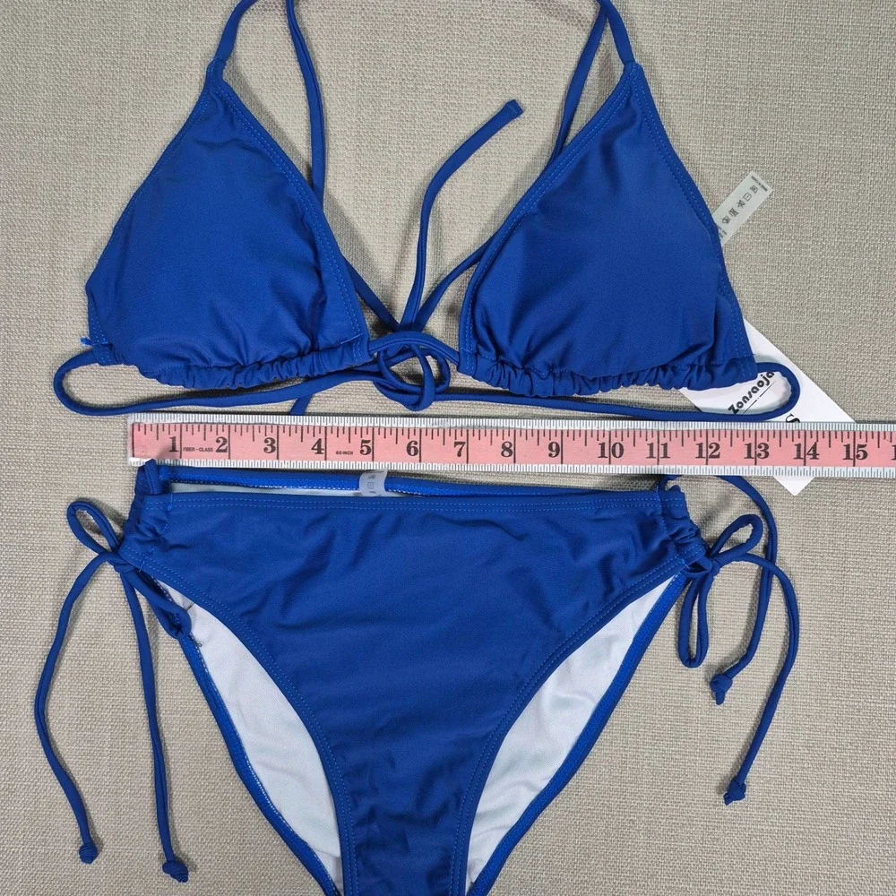 Zonsaoja Blue Triangle Halter Bikini Set Side Tie Bottoms Size Small NWT